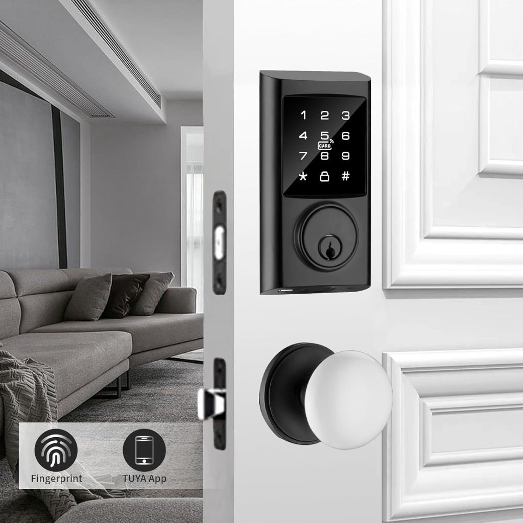 Smart Digital Door Lock Set with Code, Electronic Fingerprint Door Knob with Keypad, Black with Ceramic Knob