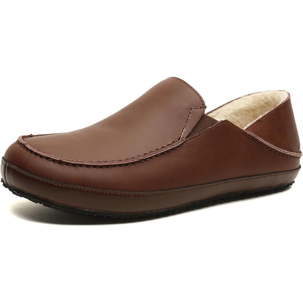 Men's Slippers Premium Leather Warm Cozy House Slippers Fur Lining - Size 9.5, Cognac