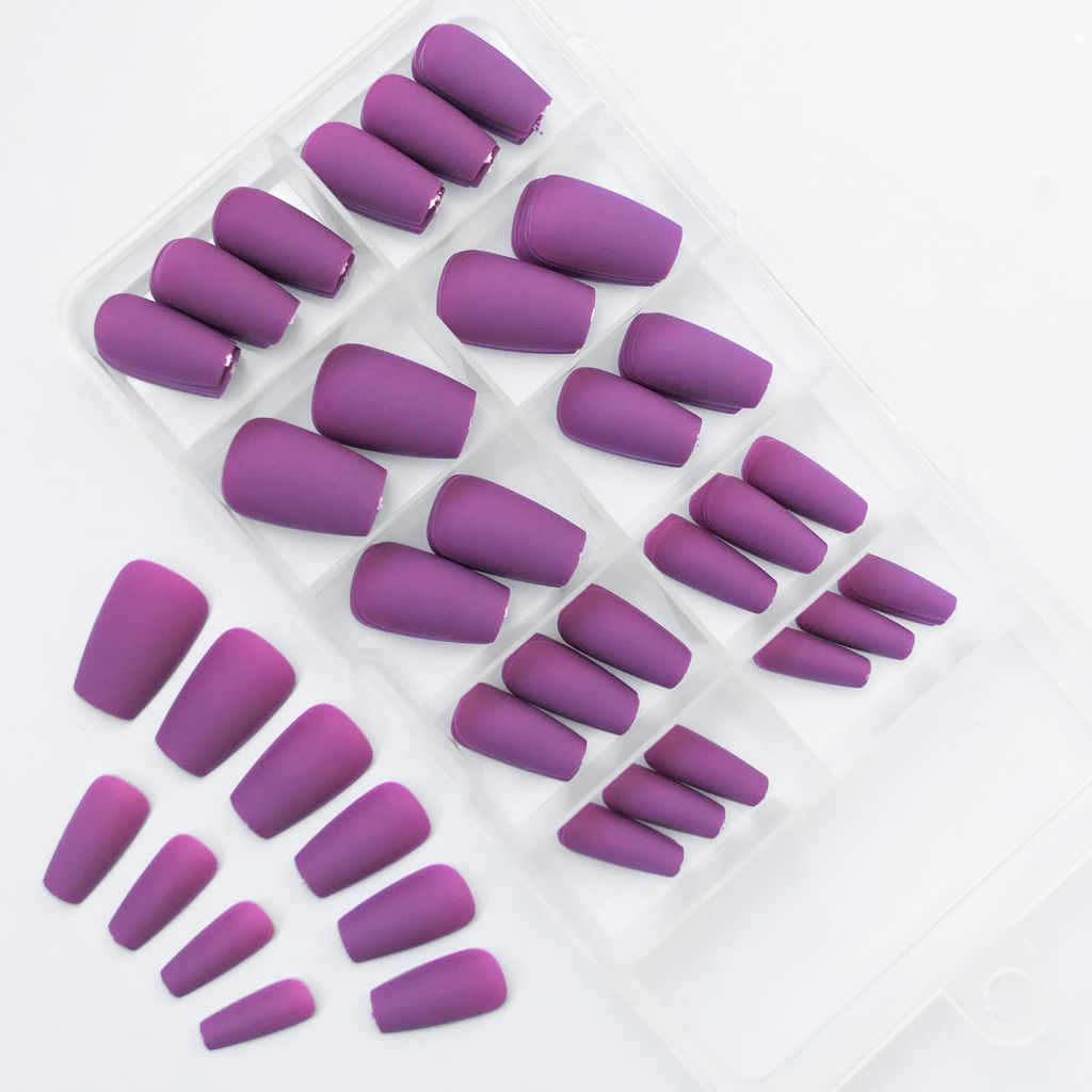 AddFavor 120pc Press on Nails Short/ Medium Coffin Matte Purple for Women and Girls