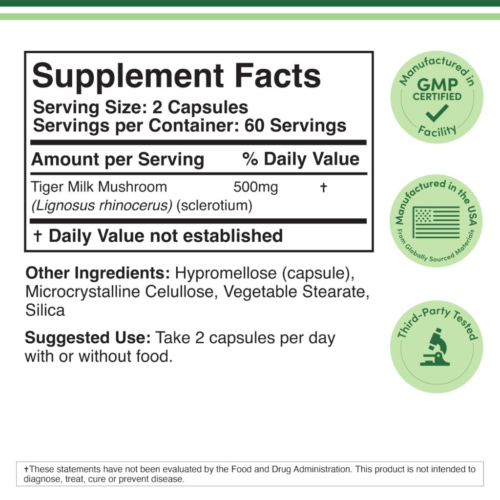 Double Wood Supplements Tigers Milk Mushroom Supplement (Lignosus Fungi) 500mg per Serving, 120 Capsules