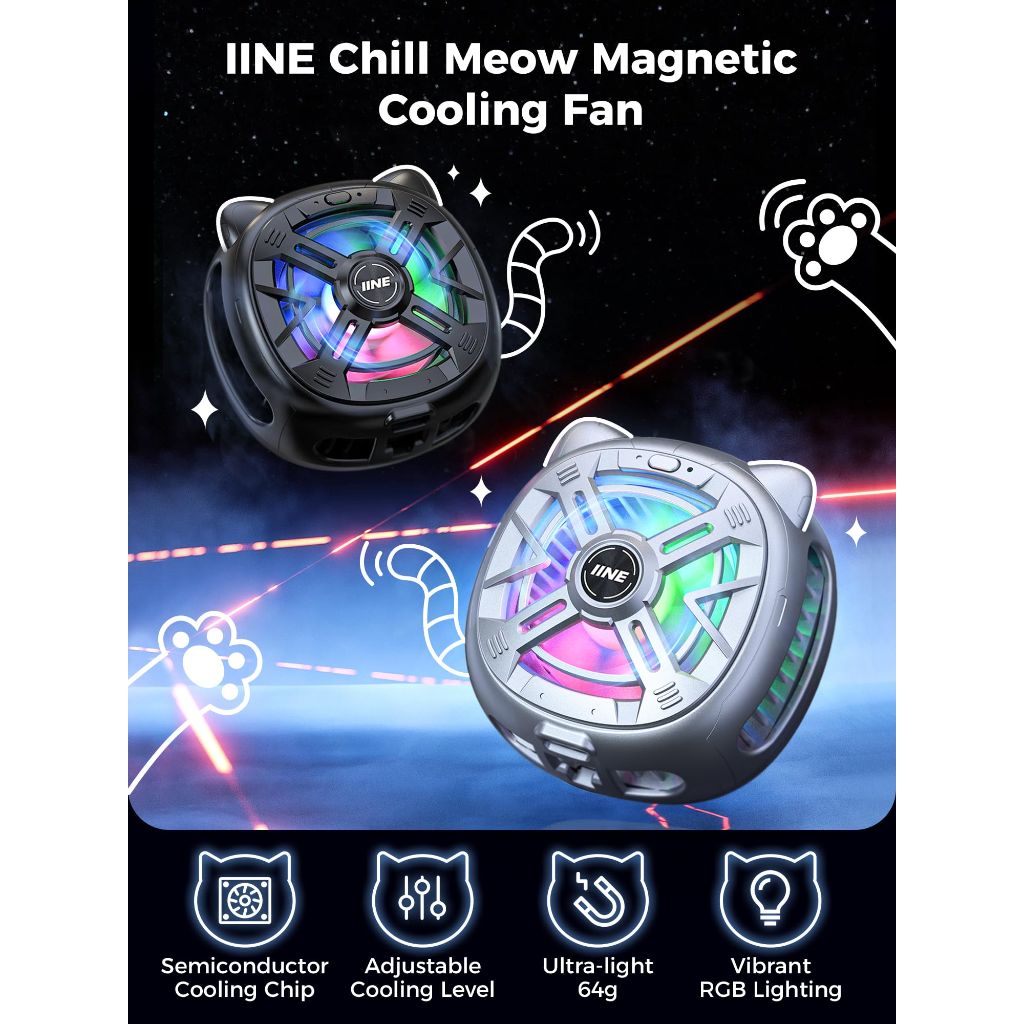 IINE Chill Meow Magnetic Cooling Fan, Adjustable 3-Speed Cooling Fan with RGB Light, Sliver