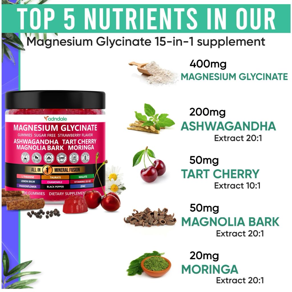 Adndale Magnesium Glycinate 400 mg Gummies with Ashwagandha,  90CT