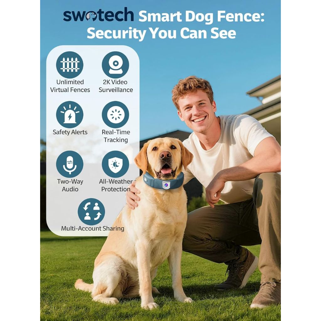 Wireless GPS Collar Dog Fence System with 2K Camera, Live Video & Recording, Two-Way Audio, Waterproof - Medium to Large Dogs