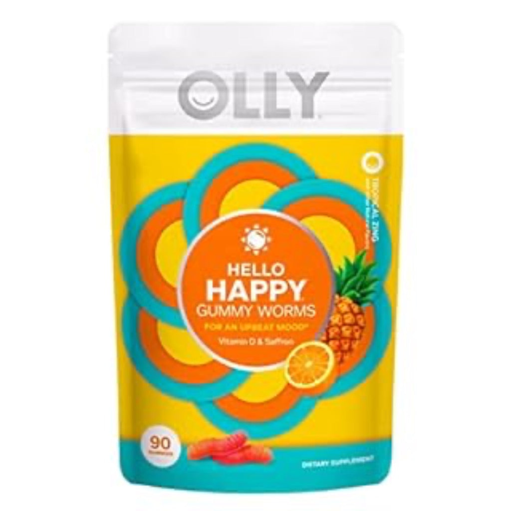 OLLY Hello Happy Gummy Worms  Mood Balance Support* Supplement  30 mg Saffron Extract  Vitamin D  Tropical Zing flavor with other natural flavors  90 Ct
