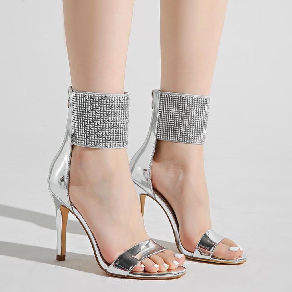 CARLKARIDA Women's High Heel Sandals Open Toe Ankle Tie Dressy Heeled Sandals for Prom, Party, Evening Events, 3.93 Inch Comfortable Thin Block Heels Silver