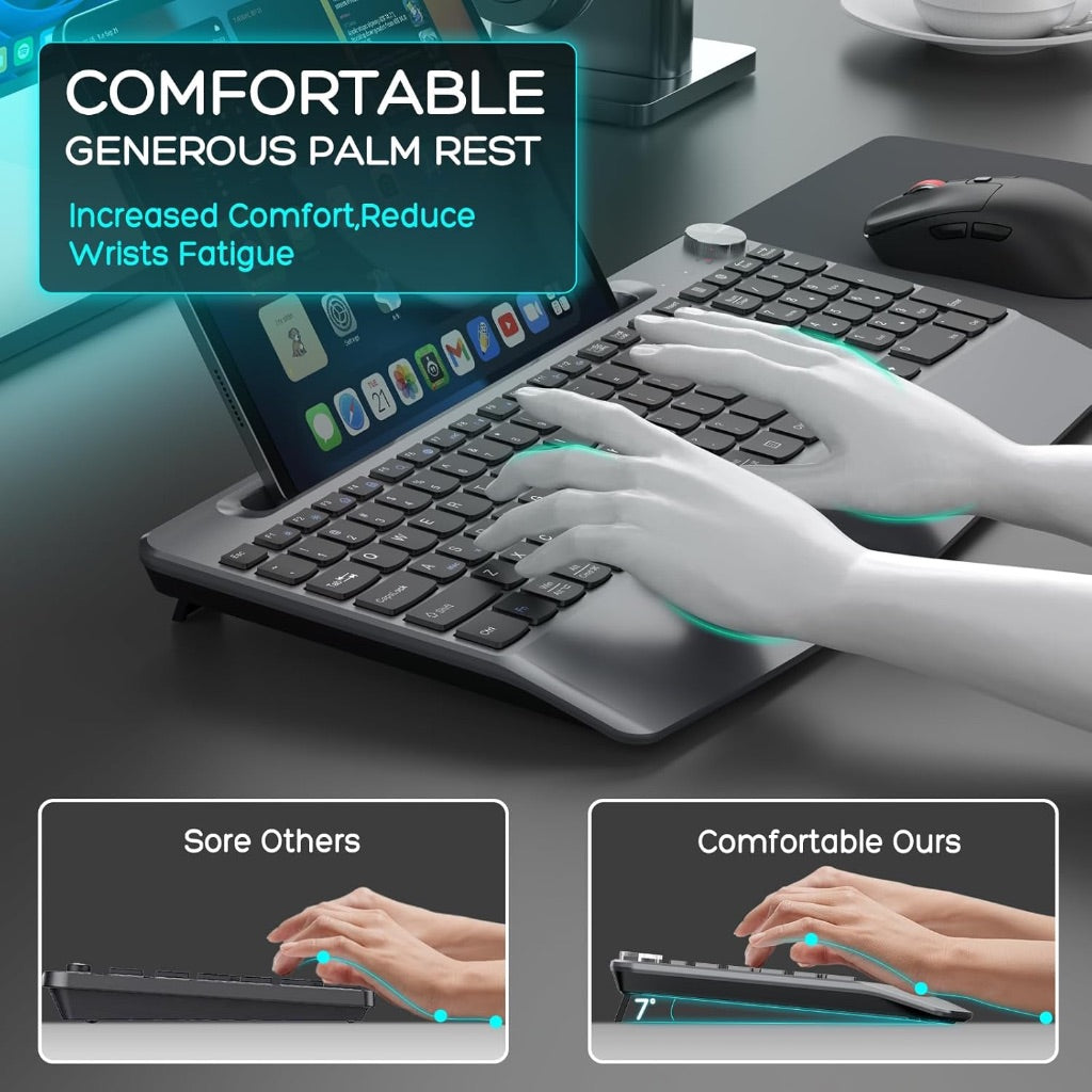 Ergonomic Wireless Keyboard and Mouse with Wrist Rest, Phone Holder, Full-Sized, Low-Profile, Quiet - Gray