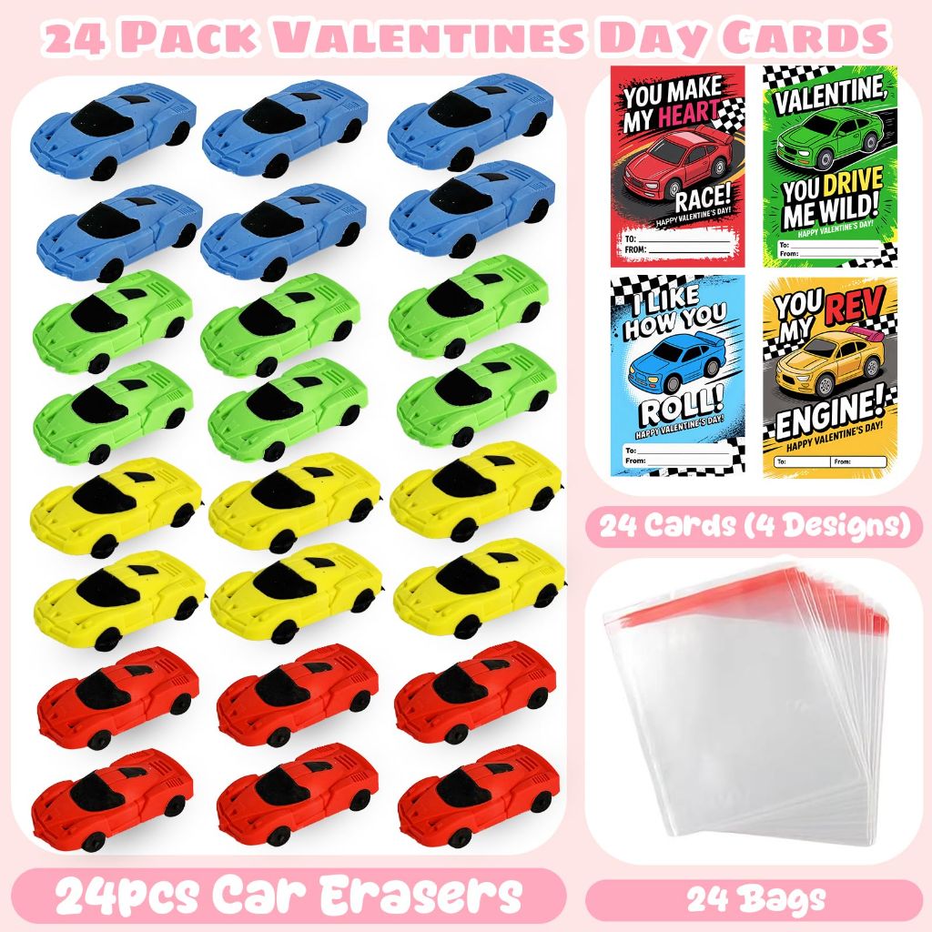 24pcs Valentines Day Cards for Kids School with Car Erasers