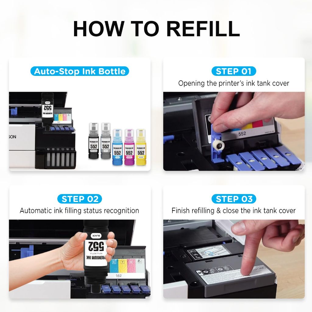 Jetingo High Page Yield 552 Ink Refill Bottles Replacement for 552 T552 Ink Refill Bottle Use for ET-8550, ET-8500（BK PBK C M Y GY）