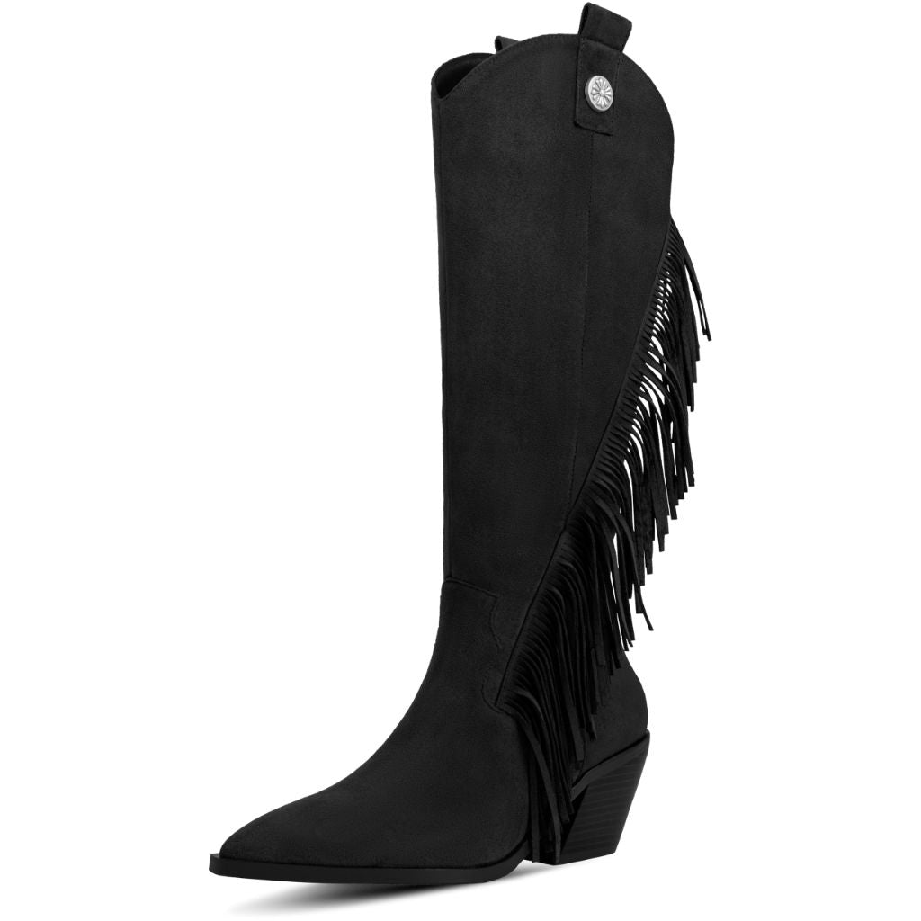 LOHEK Fringe Cowboy Boots for Women Knee High Cowgirl Boots Chunky Heel Pointed Toe Suede Long Boots for Fall Winter Halloween Costumes Black Size 10