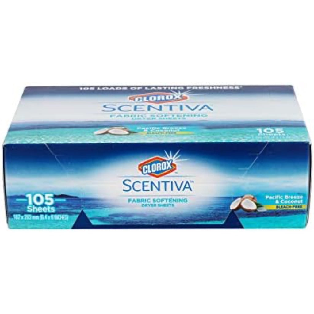 Clorox Scentiva Fabric Softener Dryer Sheets, Pacific Breeze & Coconut Scent - Wrinkle Reducing Scented Softening Laundry Dryer Sheets for Great Smelling Clothes, 105 Count