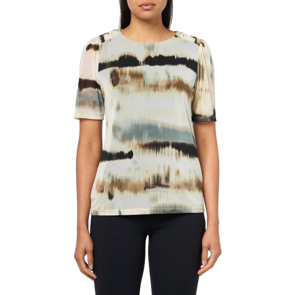 Anne Klein Printed MESH Elbow SLV Ruched Shldr TEE, Medium