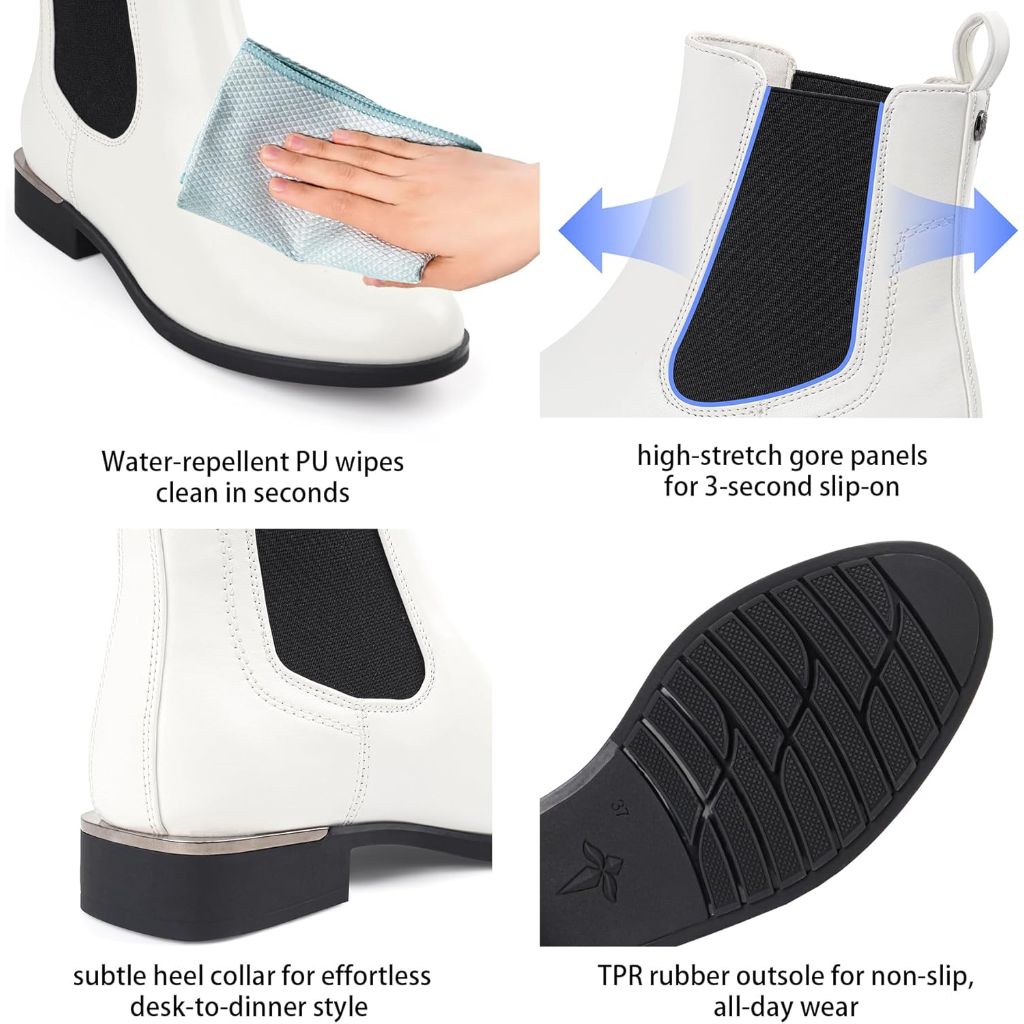 Stylish Women's Waterproof Chelsea Boots - Round Toe, Anti-Slip Rubber Sole, White Leather Business Casual Ankle Booties - Size 6