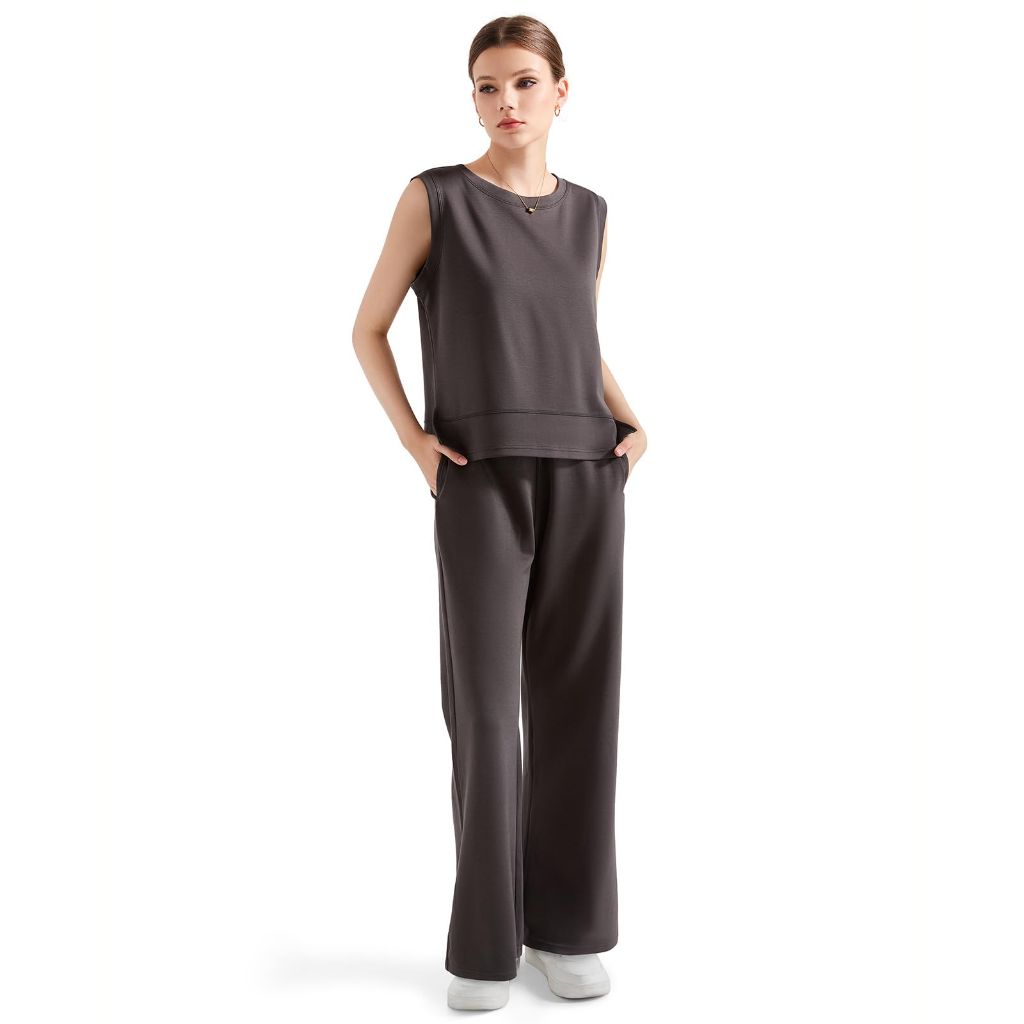 SUUKSESS Women 2pc Lounge Sets Matching Sweatsuits Wide Leg Sweatpants Sleeveless Sweatshirts (Dark Grey, S)