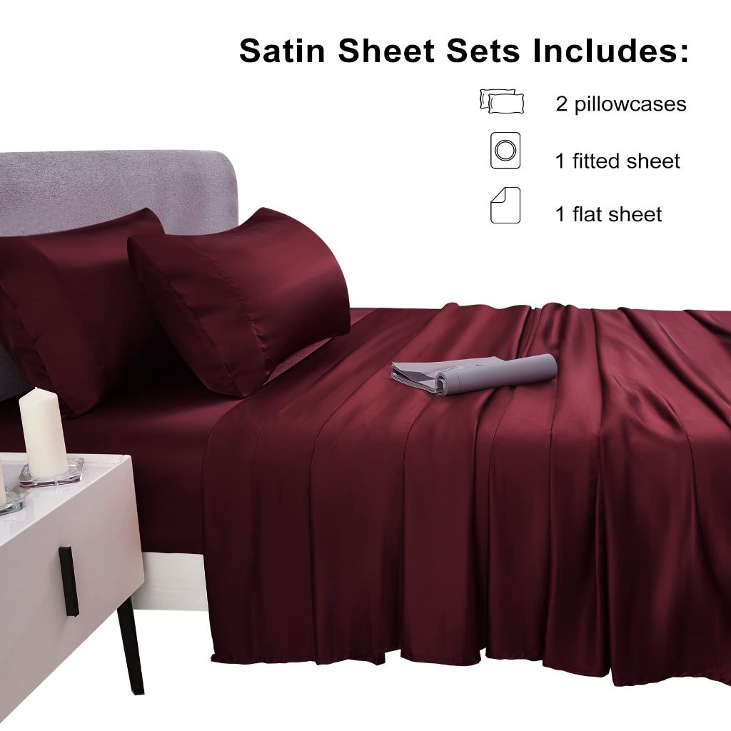 JSD Burgundy Satin Sheet Set Full Size, 4 Piece