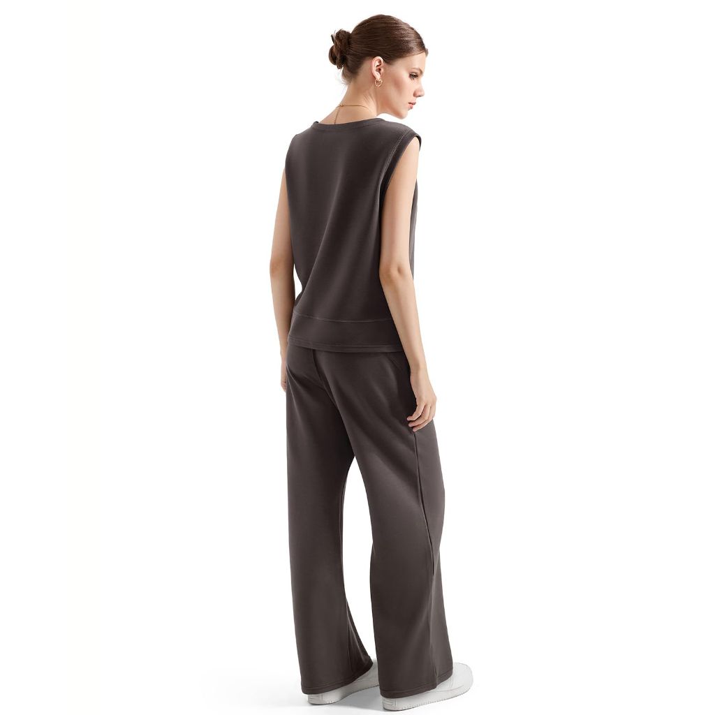 SUUKSESS Women 2pc Lounge Sets Matching Sweatsuits Wide Leg Sweatpants Sleeveless Sweatshirts (Dark Grey, S)