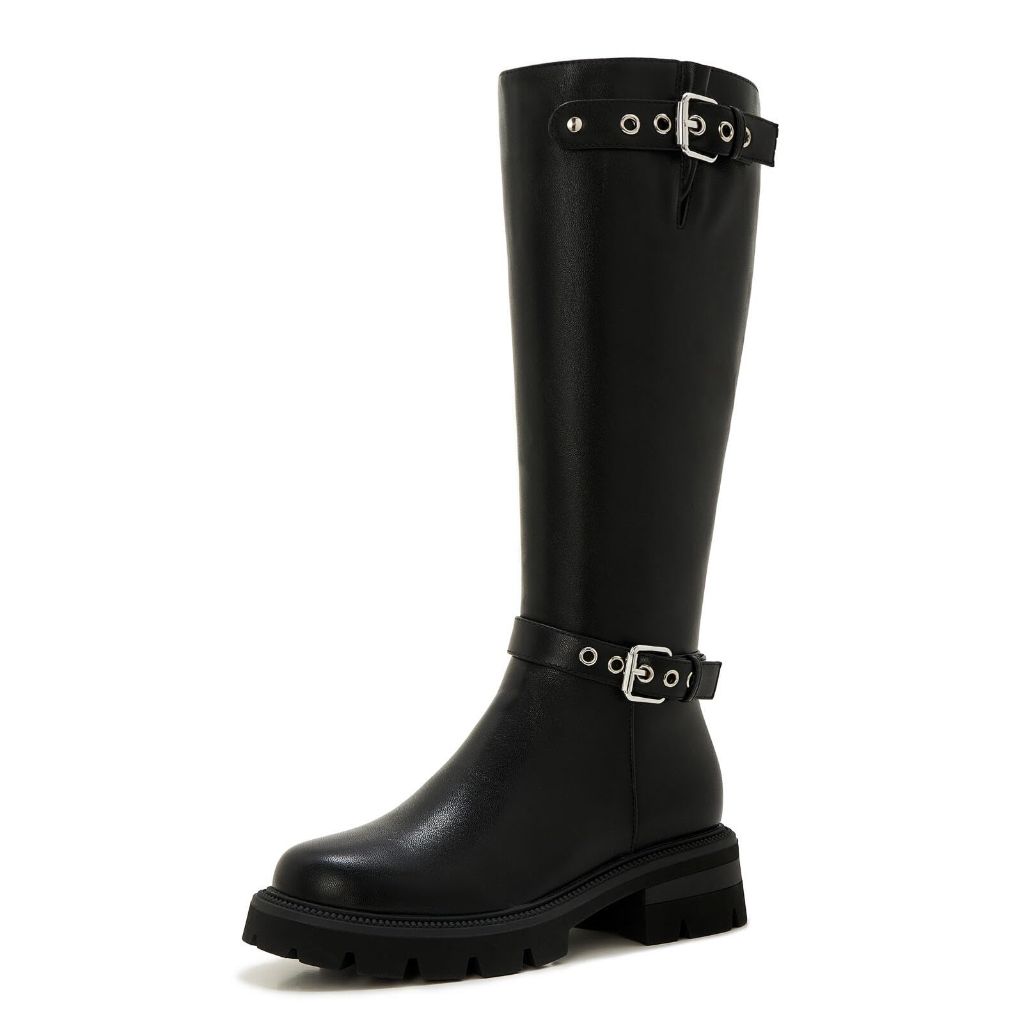 Women's Knee-High Combat Boots with Side Zipper, Black - Size 8