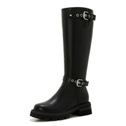 Women's Knee-High Combat Boots with Side Zipper, Black - Size 8