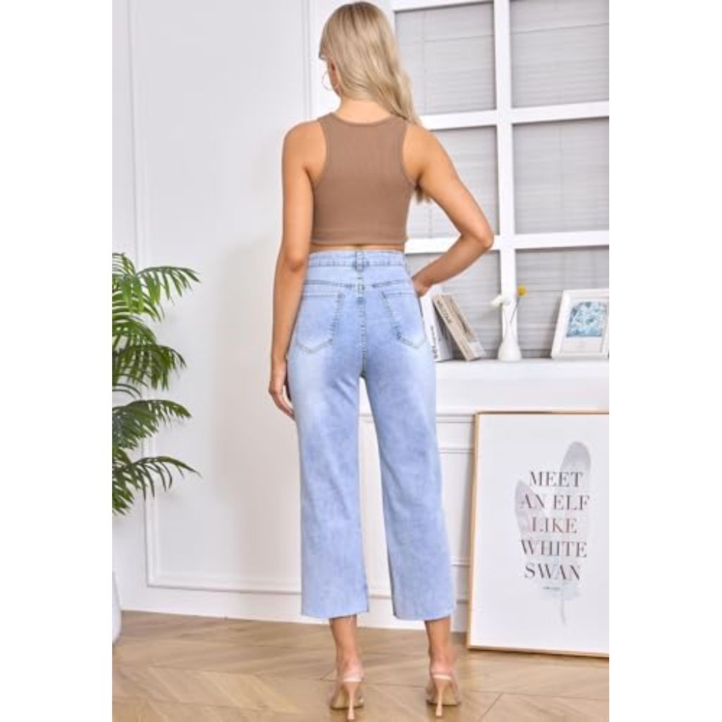 HUNGSON Women's Wide Leg Jeans High Waisted Stretchy Capri Pants Loose Denim Pants size 12