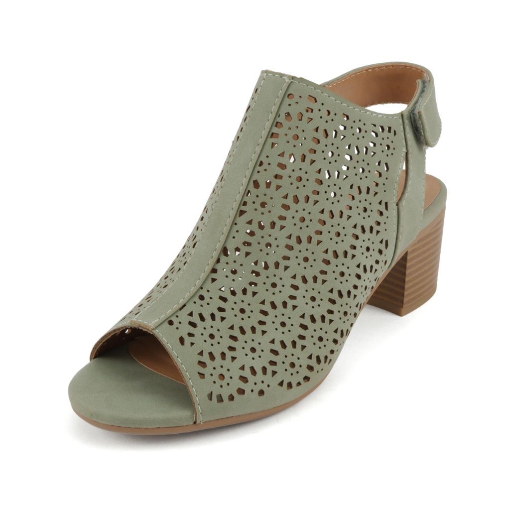 CITYCLASSIFIED “Elect” ~ Women’s Peep Toe Laser Cut Geometric Caged Slingback  Ankle Bootie (OLIVE NB, US Footwear, Adult, Women, Numeric, Medium, 7.5)