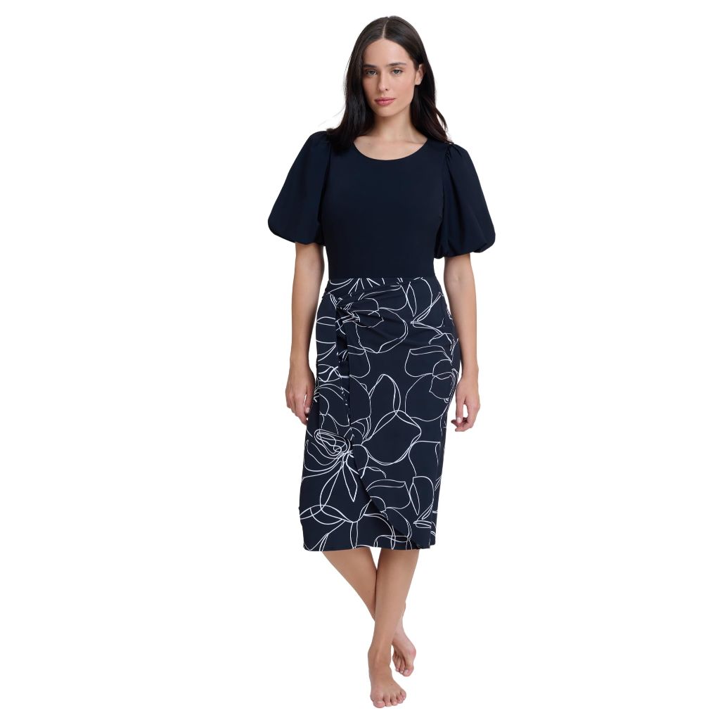 SZ L, Gottex Modest Women's Faux Wrap Pull-On Skirt with Adjustable Tie and Flattering Draped Design Black/White