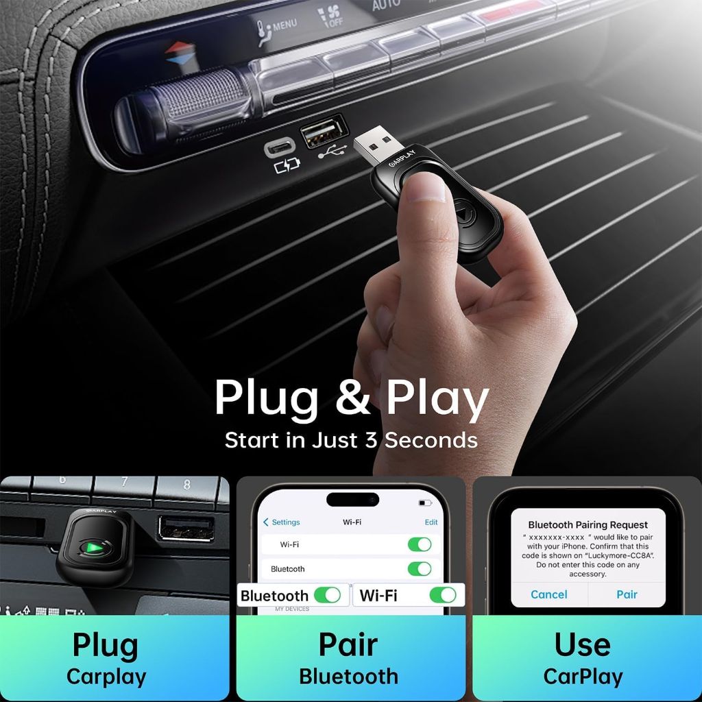 MuxeSKY Carplay Wireless Adapter, Converts Wired to Wireless Carplay Dongle | Black