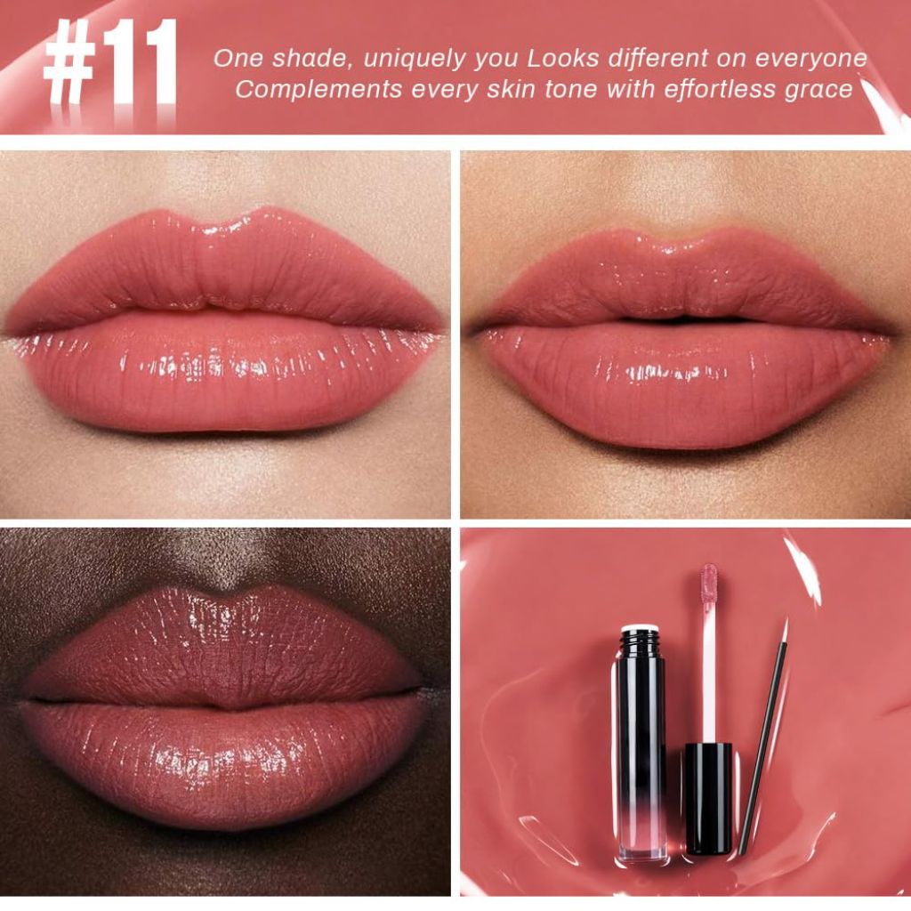 Evpct Peachy Nude Shiny Longwear No-Budge Liquid Lip Color Lipstick Makeup, with Lip Liner Brush, 11#