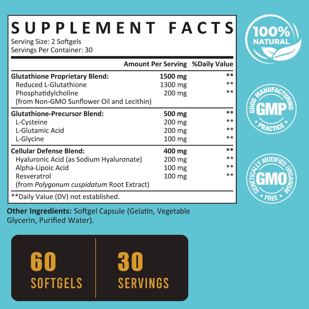 2400 MG Liposomal Glutathione Softgels, Max Absorption - 60 Softgels