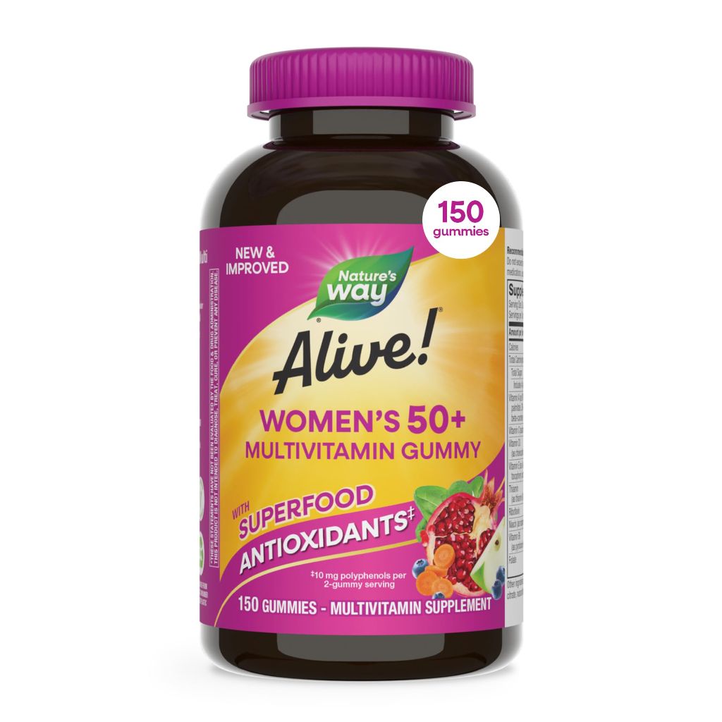 Nature's Way Alive! Women’s 50 Plus Multivitamin Gummy, Daily Chewable Multivitamins with B-Vitamins, Vitamin D3, Calcium, Supports Heart, Brain & Bone Health,* Mixed Berry Flavored, 150 Count