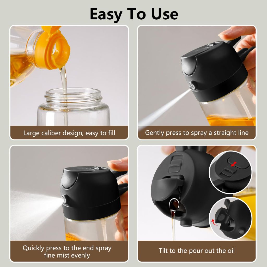 SWEET VIEW Olive Oil Sprayer for Cooking, 16oz/470ml Glass Oil Dispenser/ (Black)