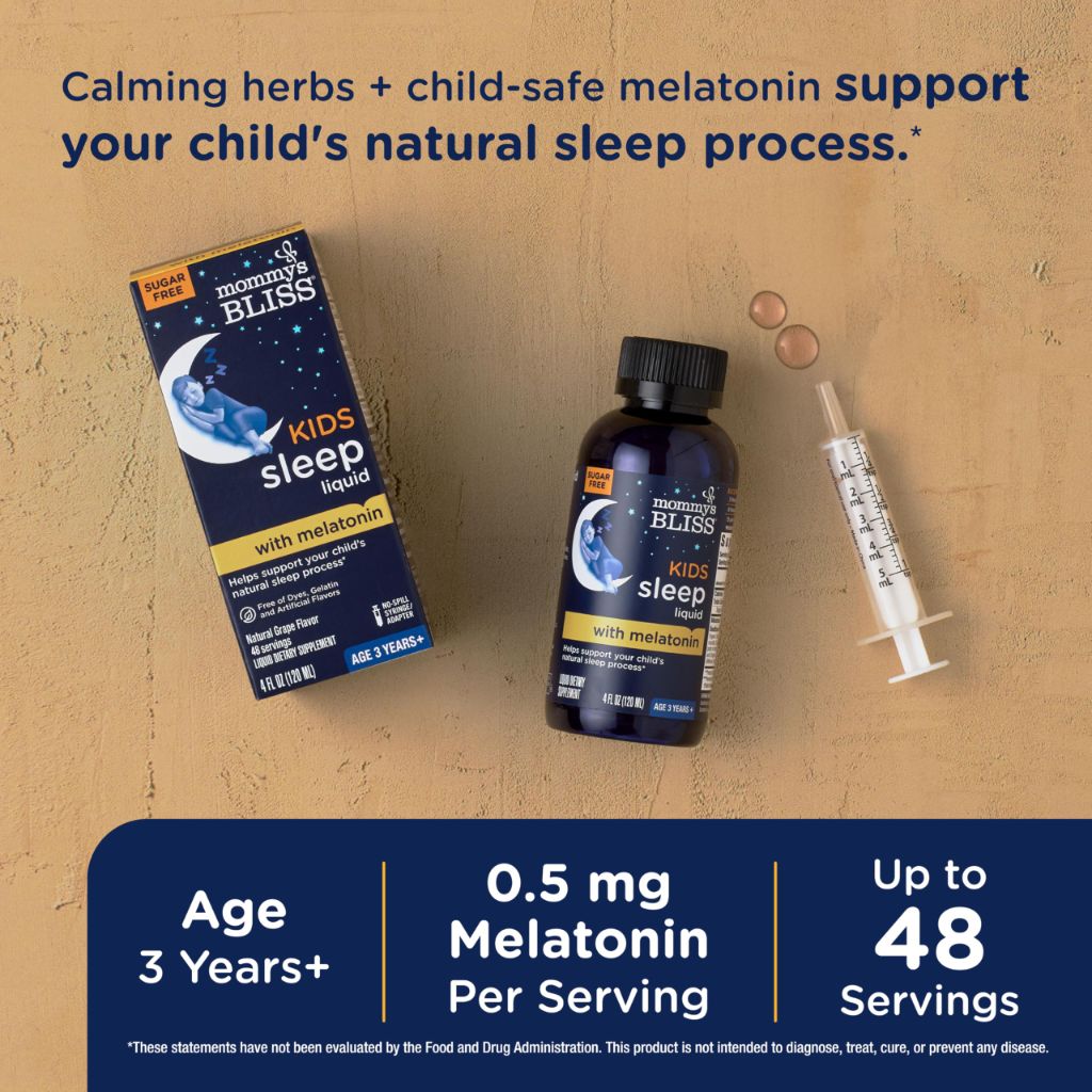 Mommy's Bliss Kids Sleep Liquid with Melatonin & Calming Herbs | Grape Flavor | 4 Fl Oz (60 Servings)