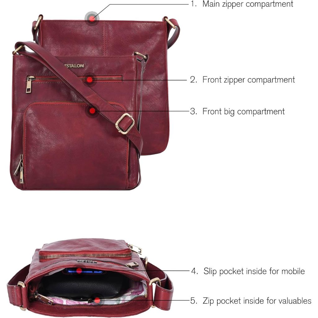 ESTALON Women's Real Leather Crossbody Purse With Adjustable Sling Strap - Medium Size Crossover Shoulder Hand Bag