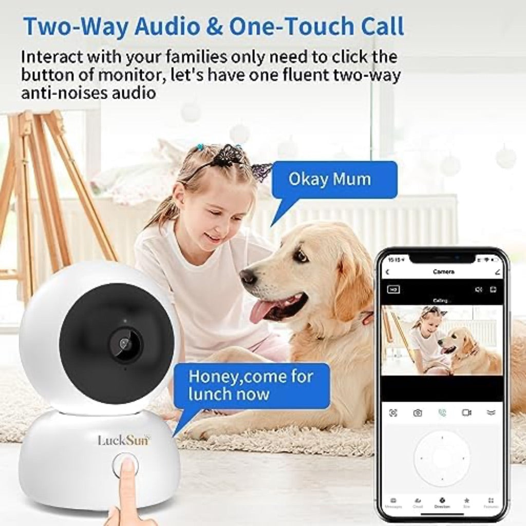 LuckSun 2K 1296P Indoor Security WiFi Camera Wireless One Button 2-Way Talk PTZ Smart Tracking Pet Baby Camera 360 View with Human & Sound Detection, Night Vision, SD Card Slot.