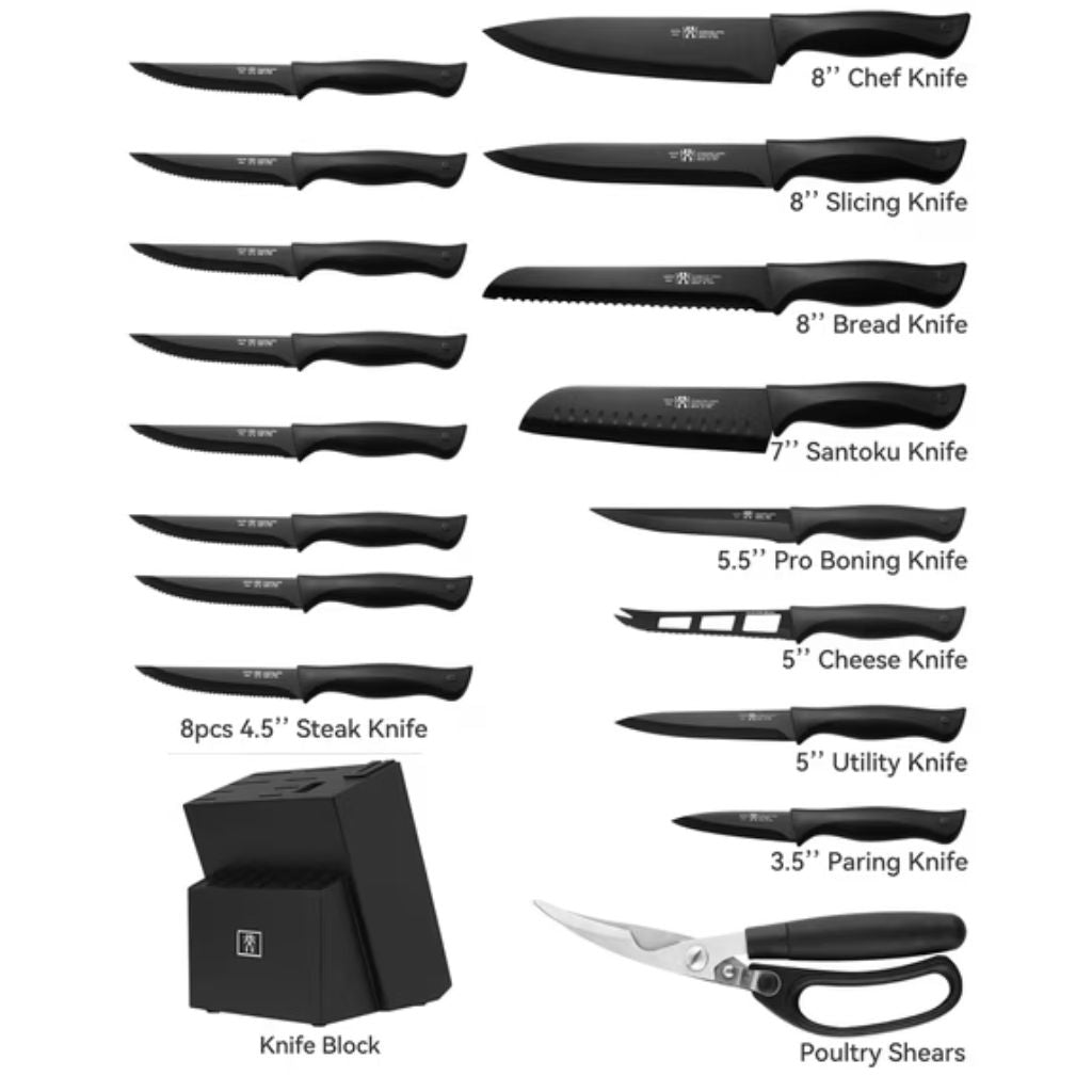 HUNTER.DUAL 19 Pcs Kitchen Knife Set with Block Self Sharpening | Black