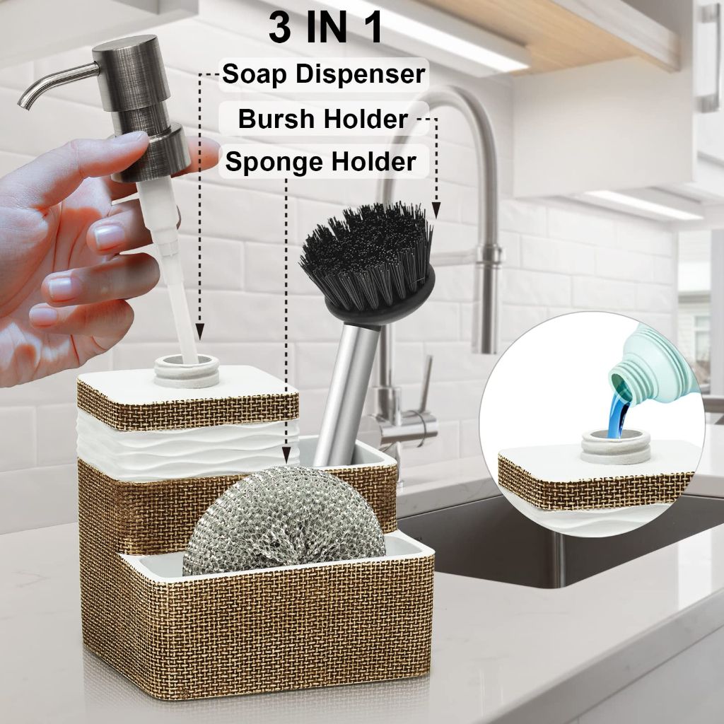 Suanti Kitchen Dish Soap Dispenser with Sponge Holder&Brush Holder for Sink Organize Eco-Friendly Resin Hand Soap Sponge Dispenser 3 in 1 Hold 11oz Liquid Dish Soap,Scrubber for Bathroom-Brown&White