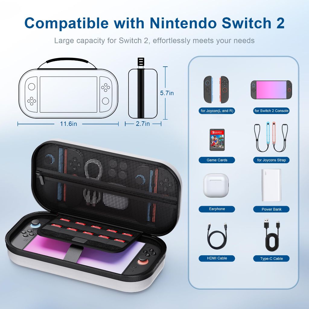 STARTRC GAMES Switch 2 Large Capacity Carrying Case for Nintendo Switch 2 (2025), Portable PU Hard Travel Case with Pockets for Accessories and Game Cards, Slim Protective Bag for Switch 2 Holds 10 Game Cartridge