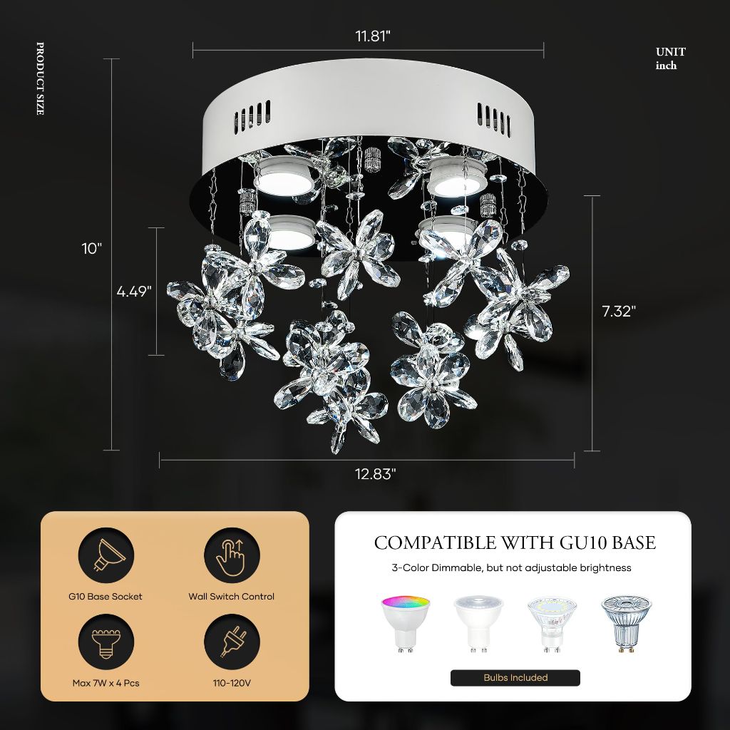 Aol furin 4-Lights Modern Chandelier K9 Crystal Lighting Fixture, 11.8 Inch Round Silver Stainless Steel Ceiling Lights