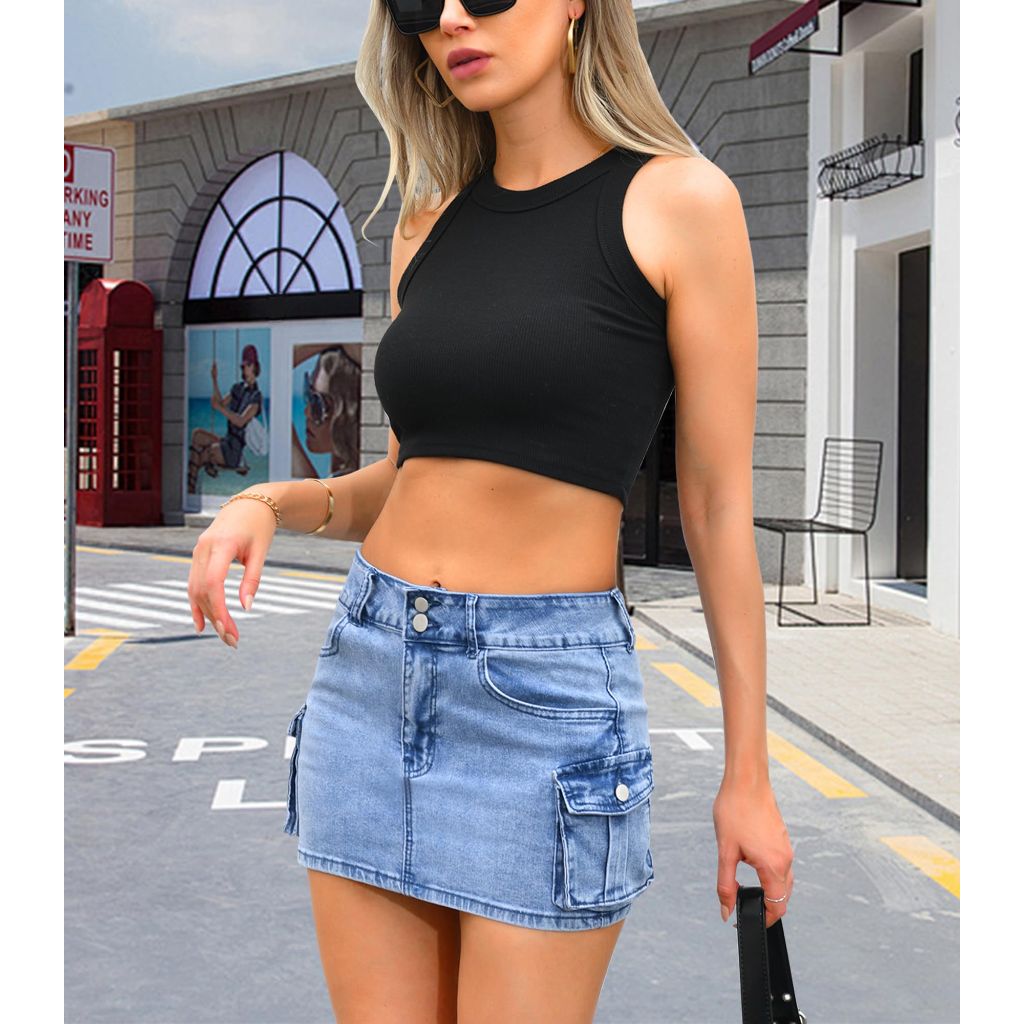 Women's Y2K Low Waist Button Bodycon Denim Mini Skirt with Flap Pockets - Large