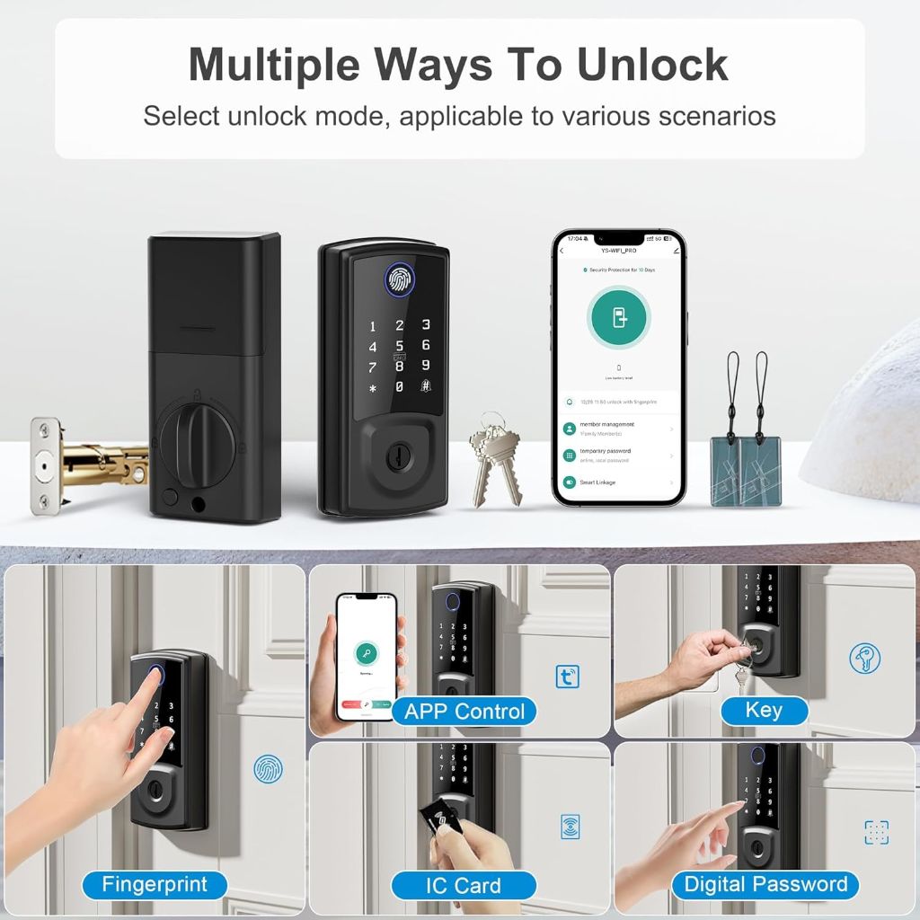 Golspark Fingerprint Smart Door Lock, Keyless Entry with Auto-Lock, One-Touch Locking, Touchscreen Keypad, App Control - Black