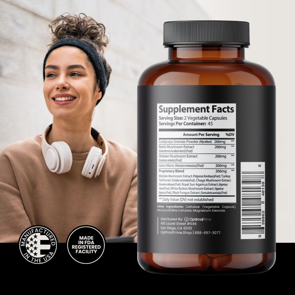 Optimal Prime 10x Mushroom Complex Supplement, Natural Health Booster - 90 Caps