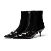 Coutgo Womens Buckle Strap Ankle Booties Kitten Low Heel Pointed Toe Y2K Boots Side Zipper Fall Shoes, Black, Size 7