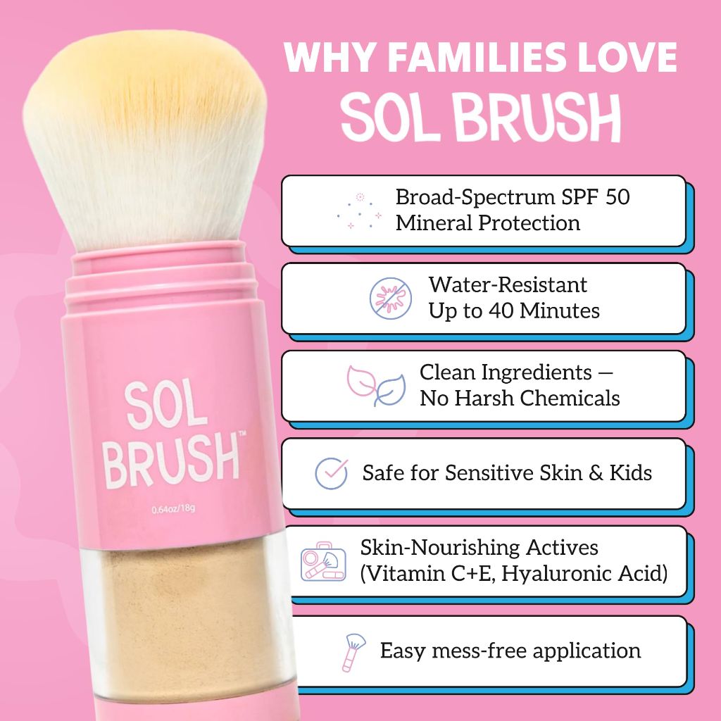 Sol Brush SPF 50 Mineral Sunscreen Powder, Broad Spectrum UVA/UVB Protection Sunscreen, Pink, Fair