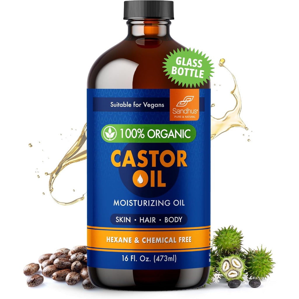 Sandhu's 100% Organic Castor Oil 16 Fl Oz | Premium Glass Bottle Pack | Pure, Unrefined & Hexane free | Natural Moisturizing Oil for All Hair & Skin Types, Face, Eyelashes Growth, Eyebrows & Body Care
