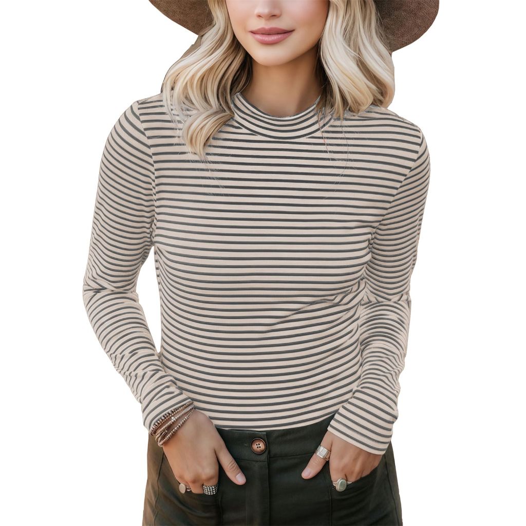 PrinStory Womens Tops Long Sleeve Shirts Slim Fit Business Dressy Casual Pullover Tee for 2025 Trendy Apricot Grey Stripe US L