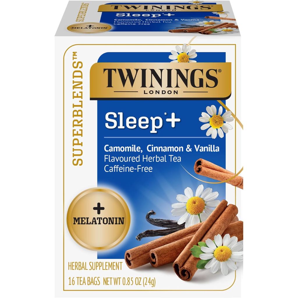Twinings Superblends Sleep+ Herbal Tea with 1mg Melatonin Camomile, Cinnamon & Vanilla, 16 Tea Bags (Pack of 1), Enjoy Hot or Iced