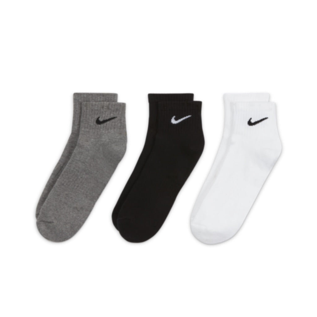 Nike Unisex Adult Everyday Cushioned Quarter Socks (3 Pairs) - Black/White/Gray, Medium