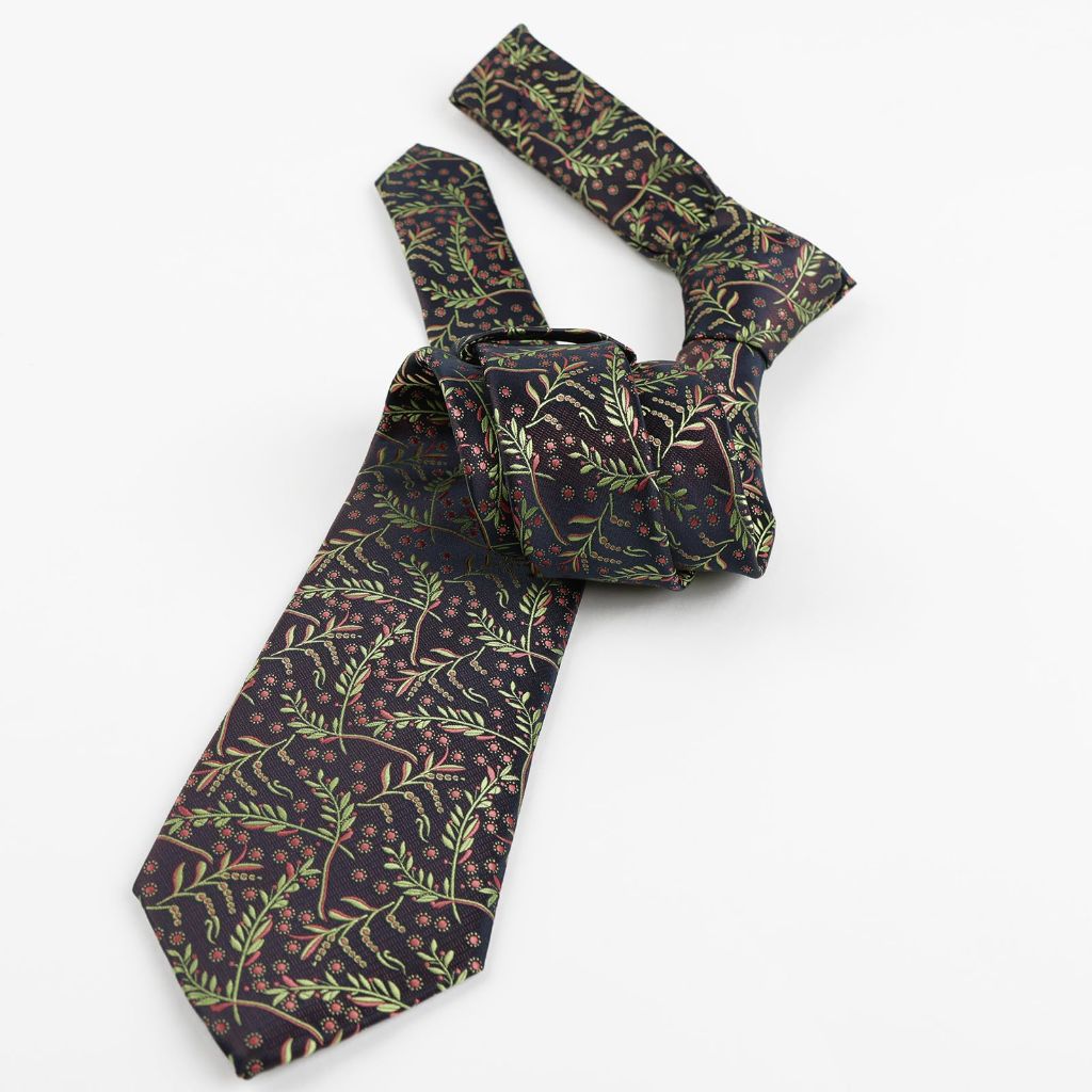 Alizeal Men's Rustic Tie with Flower Printed Handkerchief - Grass Green+Coral (3.15")