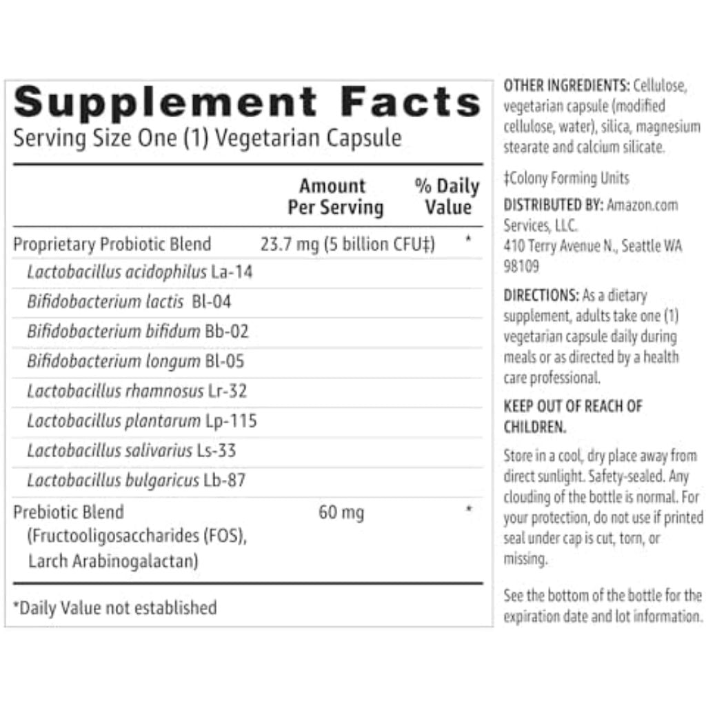 Amazon Basics Probiotic, 5 Billion CFU, No Artificial Colors & Flavors, Gluten-Free, 60 Vegetarian Capsules (Previously Solimo)