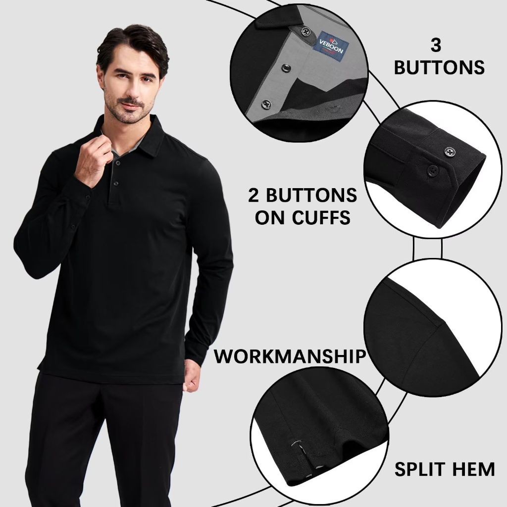 Veboon - Long Sleeve Polo Shirts for Men, Black, XL