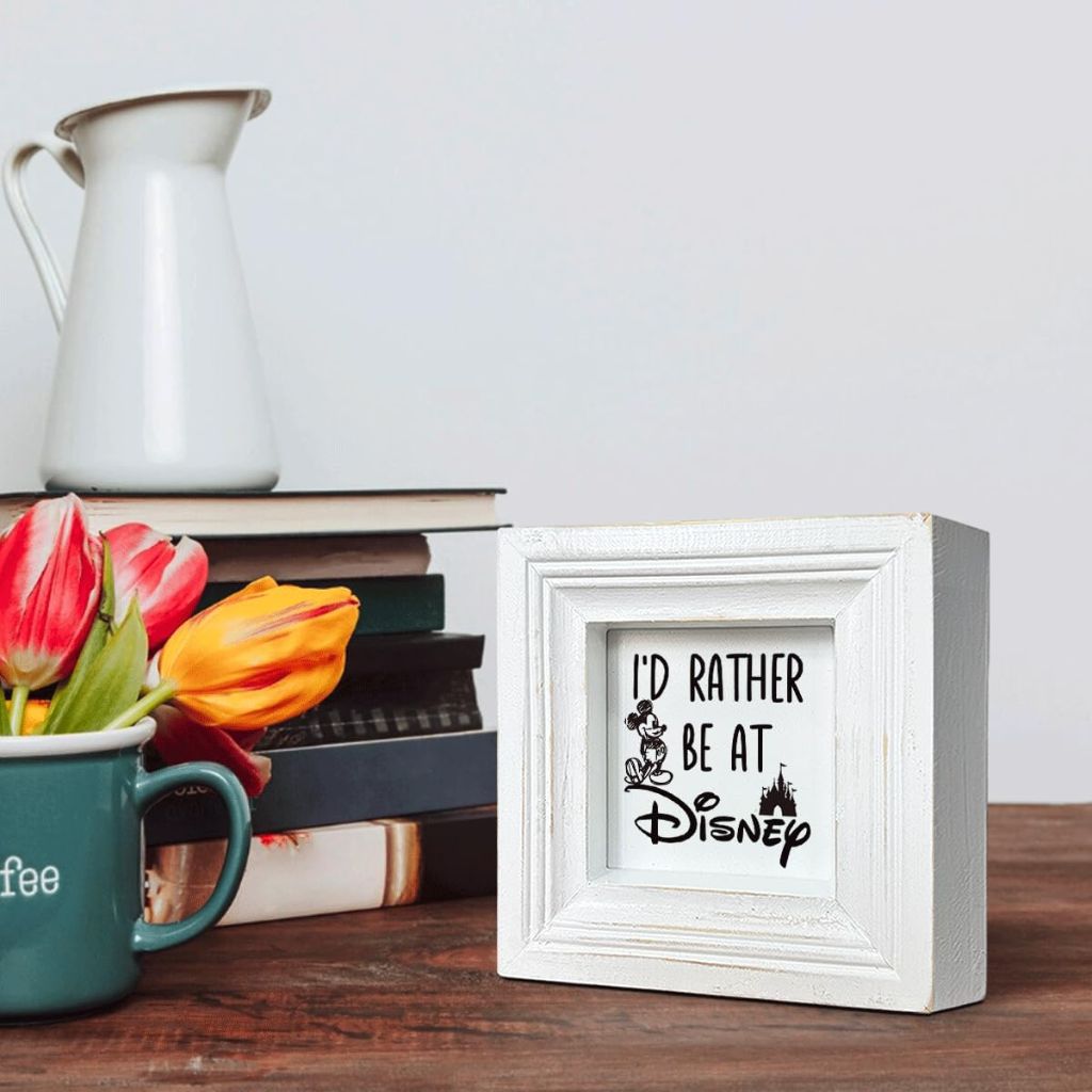 Lovely Desk Sign, Farmhouse Table Shelf Decoration, Home Decor Signs, Interesting Office Workplace Decor for Disney Lover, I'd Rather Be At Disney, Distressed White Wood Sign 5.9 * 5.9 * 1.2inches