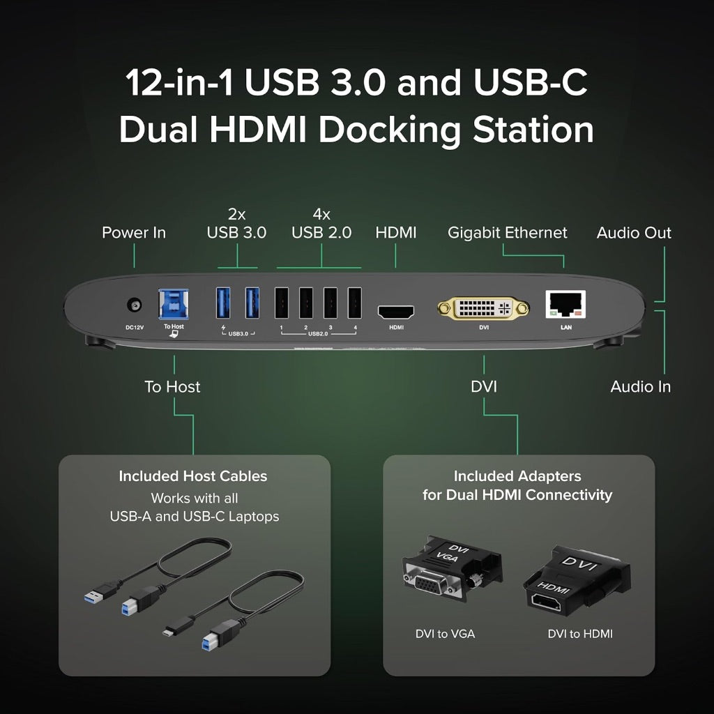 Plugable USB 3.0 Universal Docking Station for Windows, macOS, ChromeOS (Dual HDMI Monitors or DVI/VGA, Gigabit Ethernet, Audio, 6 USB Ports)